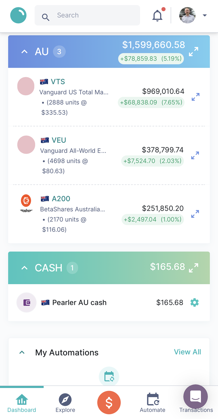 asset allocation within pearler dashboard